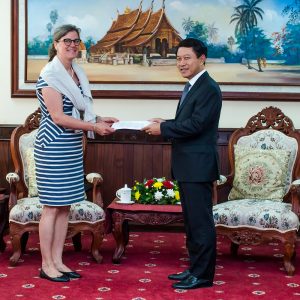 Minister of Foreign Affairs Mr. Saleumxay Kommasith accepts credentials of United Nations Country Representative Ms. Sara Sekkenes on May 3, 2019