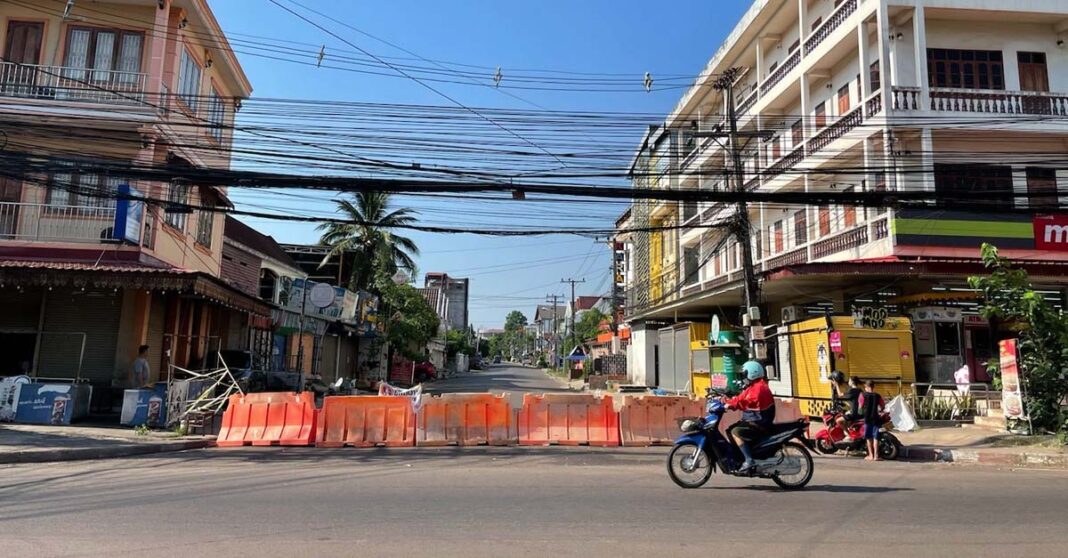 Barricades block a red zone in Vientiane Capital