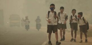 School children in the Indonesian province of Jambi forced to go home early from school amid the haze in September 2015.