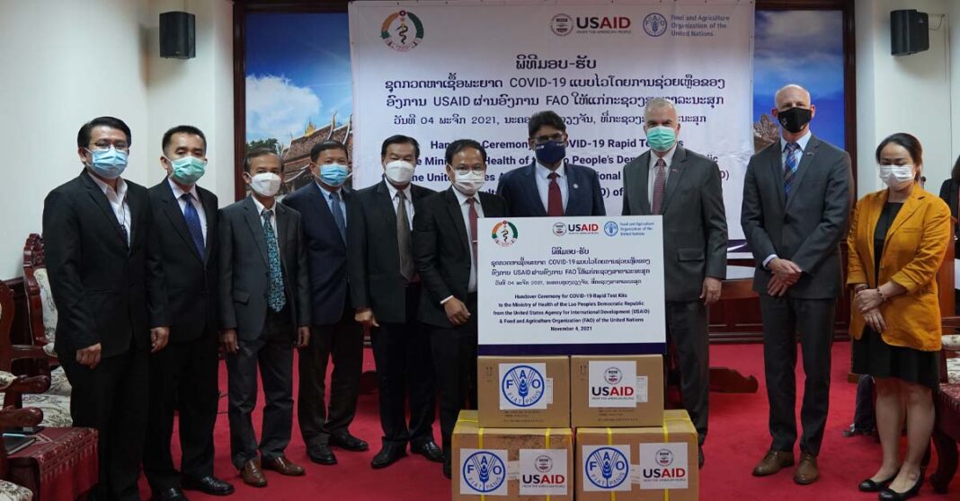 Vice-Minister of Health of Lao PDR Dr. Sanong THONGSANA,, FAO Representative Mr. Nasar Hayat and United States Ambassador to Lao PDR Dr. Peter M. Haymond at the handover ceremony.