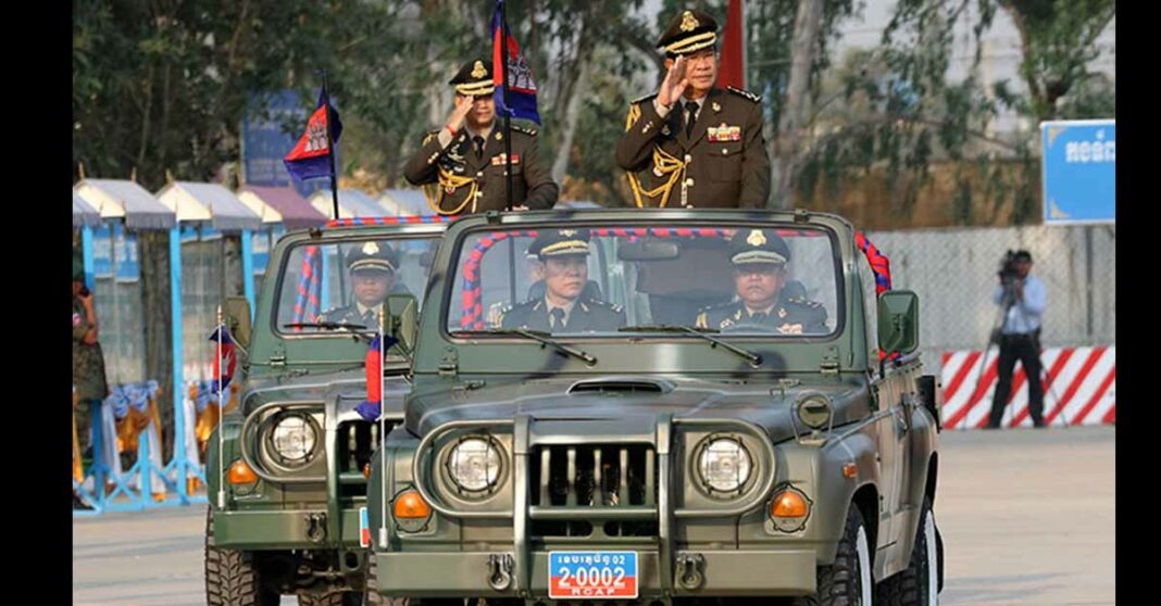 Prime Minister Hun Sen and Royal Cambodian Army Commander Lieutenant General Hun Manet inspect troops on the 20th anniversary of the Royal Cambodian Army on January 24, 2019. KT/Khem Sovannara