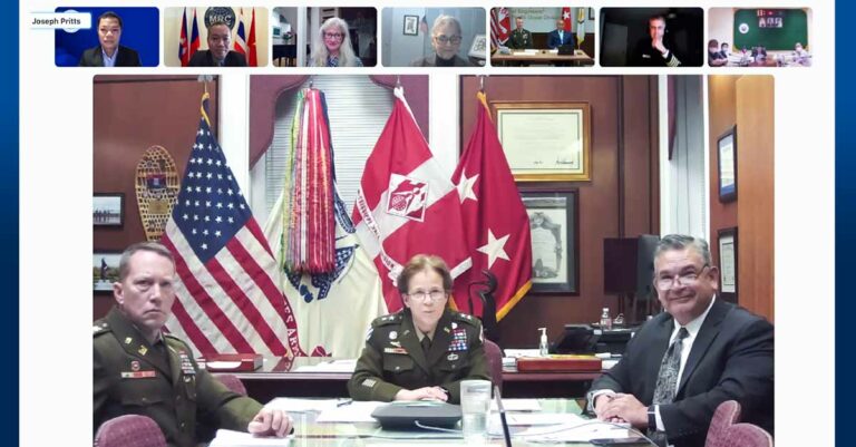 Major General Diana Holland, President of the Mississippi River Commission, and her colleagues join the online meeting from the US.