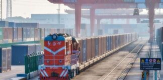 A freight train arrives in China.
