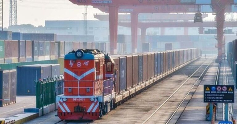 A freight train arrives in China.