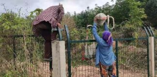 The locals try to climb Lao-China railway fence.
