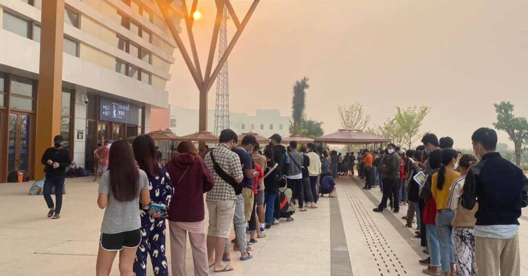 Long lines at the Vientiane Railway Station ticket office.