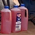 An individual fills milk bottles with fuel.