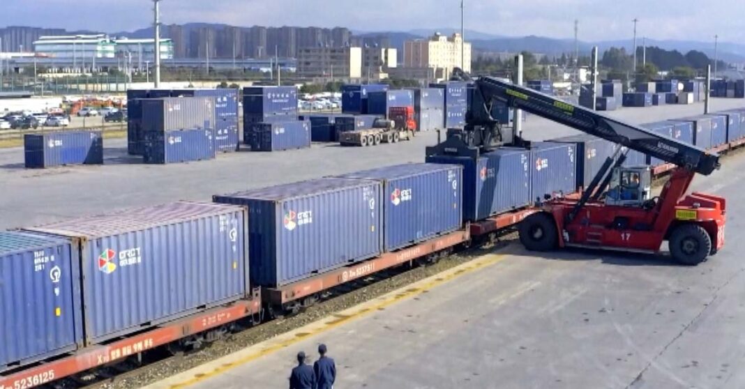 Containers loaded onto the Laos-China Railway