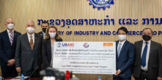 Deputy Administrator (DA) for Policy and Programming for the United States Agency for International Development (USAID) Isobel Coleman and Vice Minister of Industry and Commerce Dr. Manothong Vongsay at the ceremony.