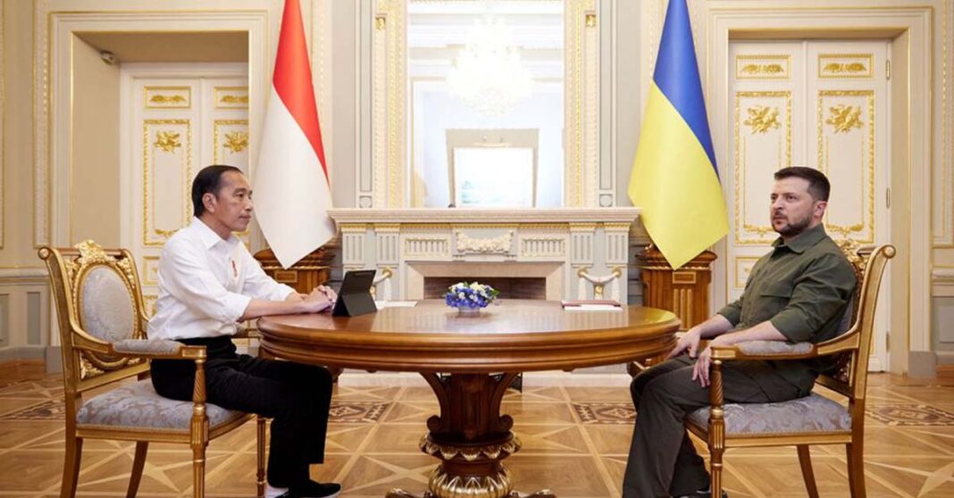 Indonesian President Joko Widodo and Ukraine's President Volodymyr Zelenskiy attend a meeting.