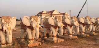 Elephant statues adorn the That Luang Lake SEZ in Vientiane Capital