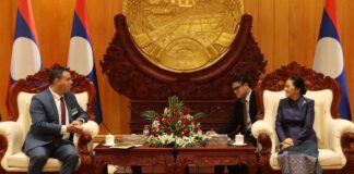 Vice President of Laos, Ms. Pany Yathoutou (right) and Israeli ambassador to Vietnam and Laos, Mr. Nadav Eshcar. (left).