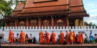 Locals and tourists alike participate in the morning almsgiving ceremony in Luang Prabang (Evensong Film)