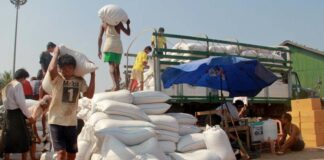 Myanmar farm workers load sacks of rice into a truck that will take these to the market (Nyain Thit Nyi / World Bank)