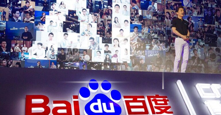 Robin Li, CEO of search giant Baidu, talks about AI during the Baidu Create 2018 held in Beijing, China, Wednesday, July 4, 2018. Baidu Inc., one of China’s biggest search and artificial intelligence firms, said Wednesday, Feb. 22, 2023, it plans to implement its artificial intelligence chatbot Ernie into its search services from March. (AP Photo/Ng Han Guan)