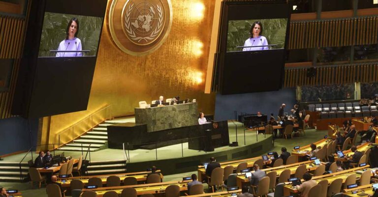 Germany's foreign minister Annalena Baerbock address the United Nations General Assembly before a vote for a U.N. resolution upholding Ukraine's territorial integrity and calling for a cessation of hostilities after Russia's invasion, Thursday Feb. 23, 2023 at U.N. headquarters. (AP Photo/Bebeto Matthews)