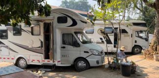 Motorhomes parked along the river in downtown Luang Prabang.