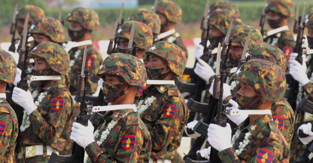 Myanmar military units parade during Armed Forces Day.