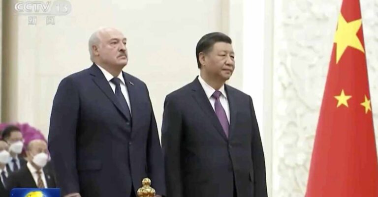 In this image taken from video footage run by China's CCTV, Belarusian President Alexander Lukashenko, left, and Chinese President Xi Jinping attend a welcome ceremony held at the Great Hall of the People, in Beijing, on Wednesday, March 1, 2023. The presidents of China and Belarus joined Wednesday in urging a cease-fire and negotiations to bring about a political settlement to the Ukraine conflict. (CCTV via AP)