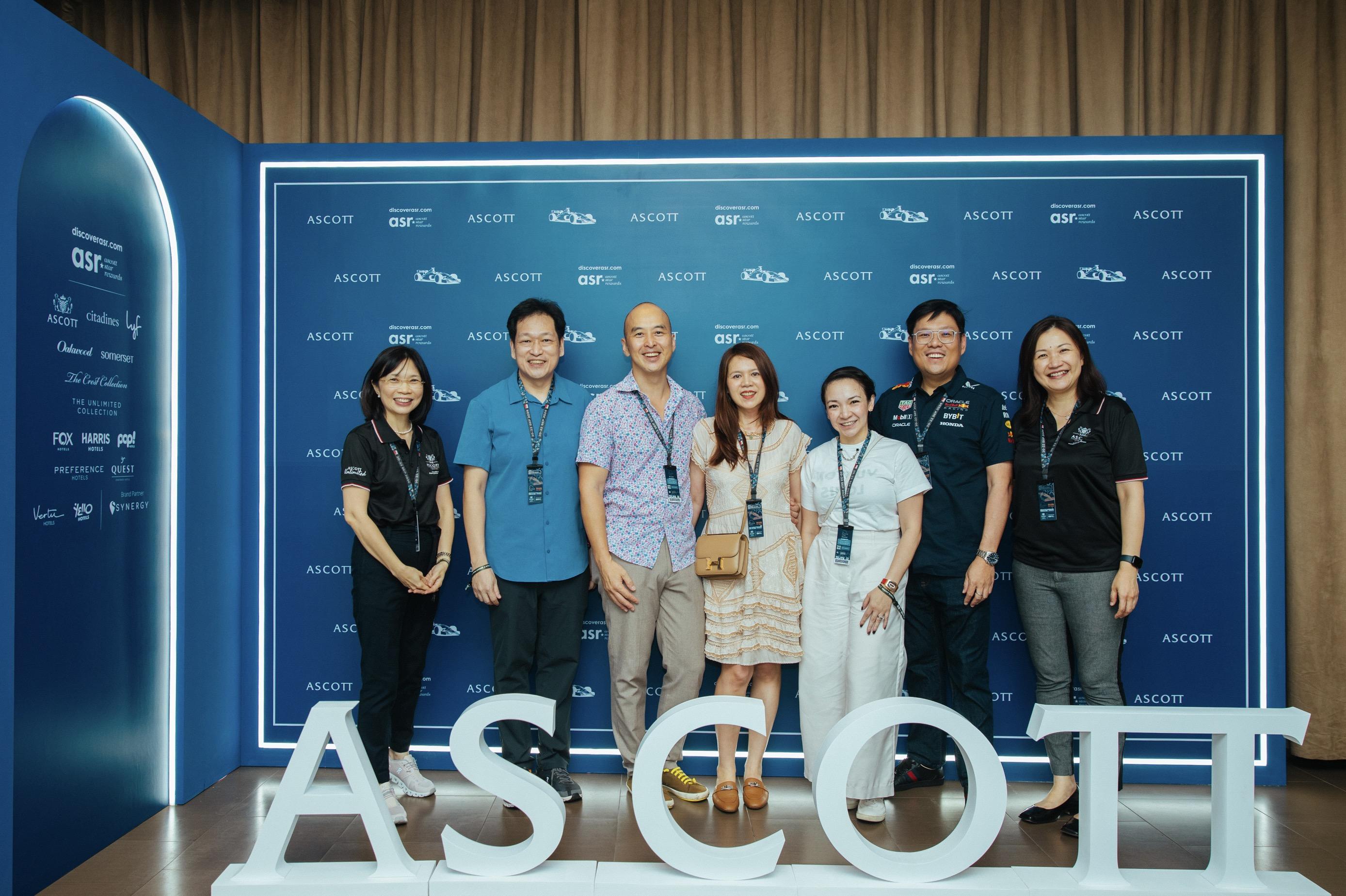 From left to right - Ms Serena Lim, Chief Growth Officer, Ascott; Mr Kevin Goh, CEO, Ascott and Lodging, CapitaLand Investment; Mr Derek Yan, Vice President, Projects and Product Development, Bayview International Hotels & Resorts; Ms Carina Tan; Datin Seri Joanna Lim; Dato' Sri Datuk Wira Tan Hui Jing, Executive Director, Oriental Holdings Bhd. and Deputy Chairman, Boon Siew Honda Sdn. Bhd.; and Ms Wong Kar Ling, Chief Strategy Officer and Managing Director, Southeast Asia, Ascott. Photo was taken in the Ascott Privilege Signatures Lounge during the Formula One night race in Singapore.