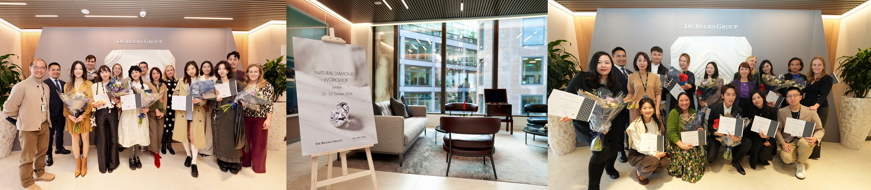 From left to right - De Beers Group representatives, Chow Tai Fook Group representatives and influencers; Natural diamond workshop on 6th floor of De Beers Group's headquarters office in London; De Beers Group representatives and media.