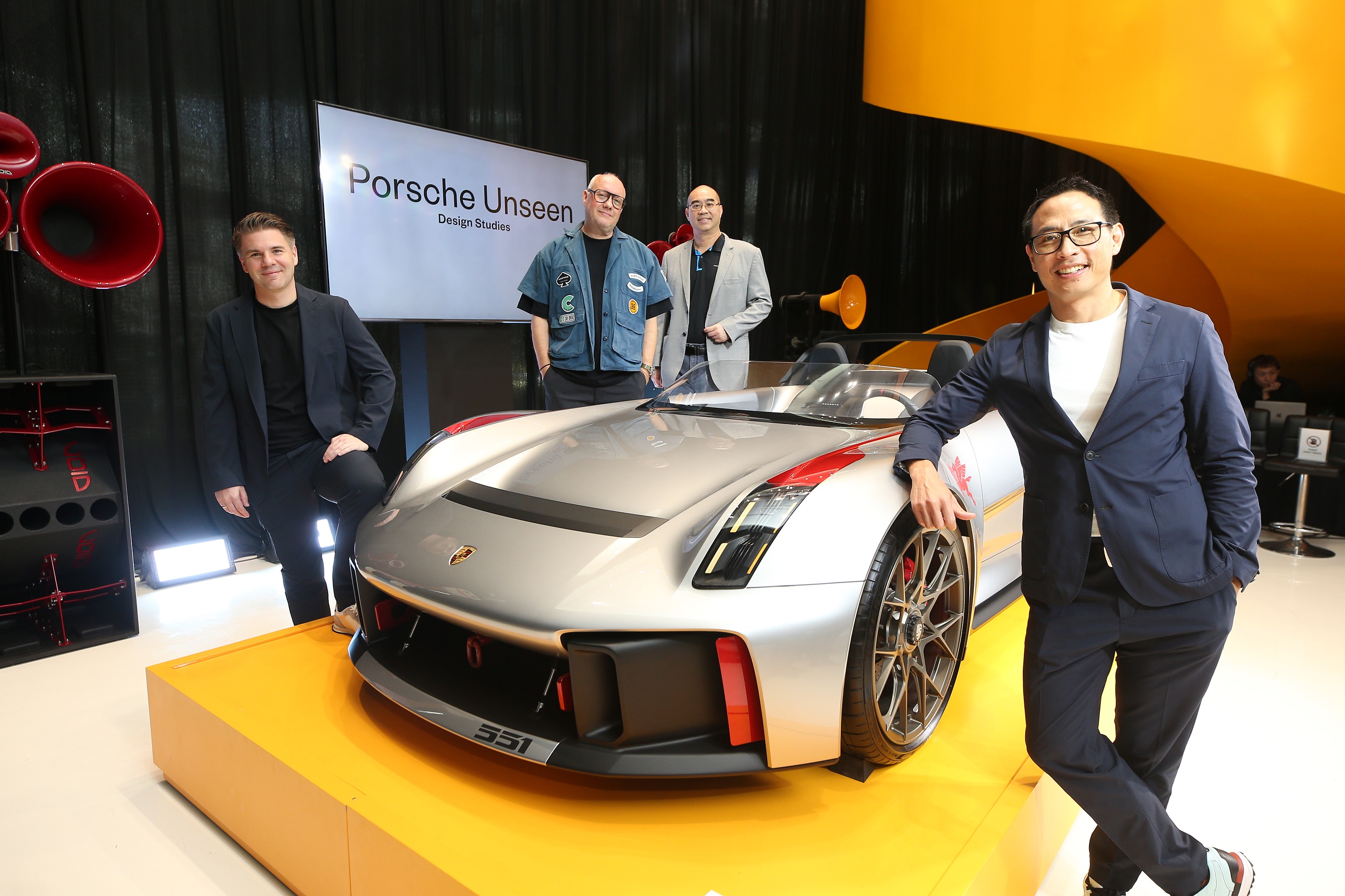 Stefan Bogner (second from left), Founder and creative visionary of Curves Magazine, Chanond Ruangkritya (far right), President and Chief Executive Officer, Ananda Development, Yannick Ott (far left), Marketing Director of Porsche Asia Pacific, and Winthorn Bunnag (third from left), Acting Managing Director of Porsche Thailand by AAS Group, were pictured with Porsche Taycan Turbo S in Celestial Jade at the launch of the "Porsche Unseen Design Studies" at Curvistan Bangkok.