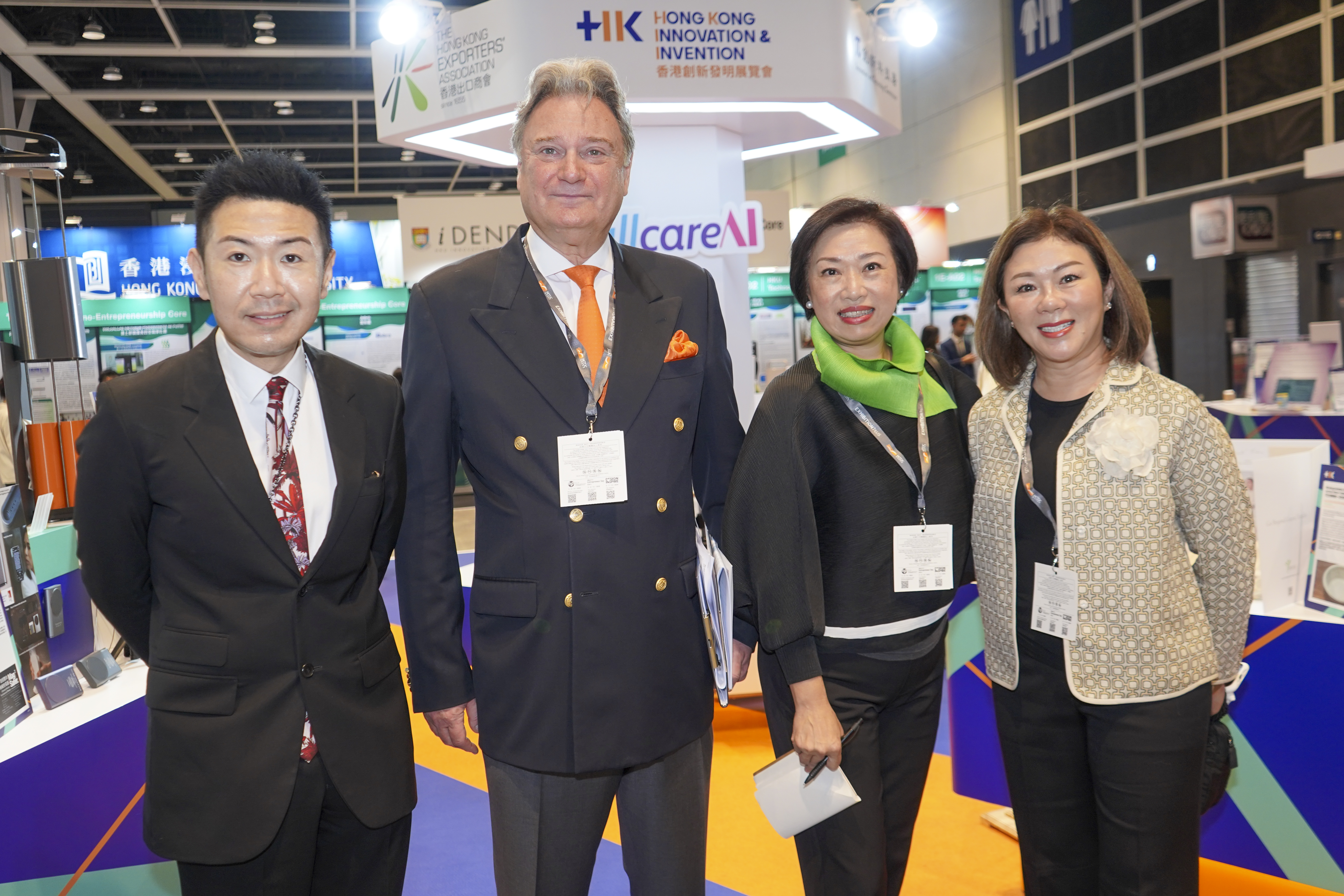 (From Left to right: 1) Eric Sun, Chairman of the Hong Kong Exporters' Association; 2) David Taji Farouki, the President of the Jury of the International Exhibition of Inventions Geneva; 3) Alice Lai, Vice Chairman of the Hong Kong Exporters Association and Project Convenor, Hong Kong Innovation & Invention; and 4) Helena Chiu, Vice Chairman of the Hong Kong Exporters Association)