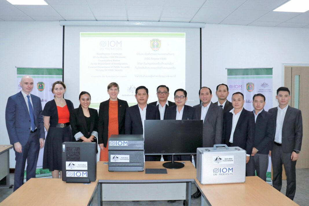 IOM’s Chief of Mission joins the Laos and Australian officials at the equipment handover ceremony in Vientiane.