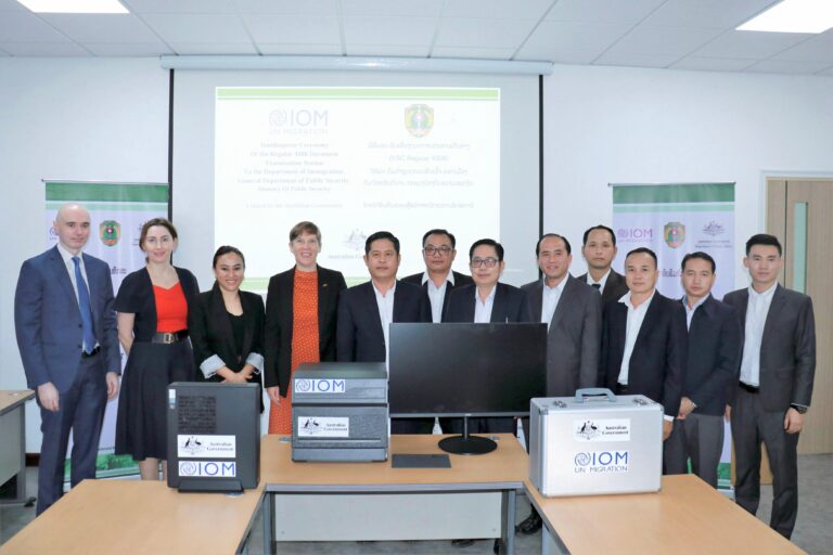 IOM’s Chief of Mission joins the Laos and Australian officials at the equipment handover ceremony in Vientiane.