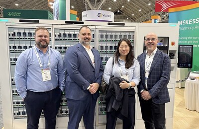 Hanmi Pharmaceutical and McKesson Automation representatives pose for a commemorative photo at the ASHP 2024 exhibition in New Orleans, USA. Pictured from left: McK Kevin Cloutier (Vice President of Sales & Business Development, McKesson Pharmacy Automation, USA), Yves Blanchette (Vice President of Technology Solutions, McKesson Canada), Hanmi Pharmaceutical Overseas Sales Team Leader Lee Ji-hyun, and McK Steve Dennison (Vice President and General Manager, McKesson Canada Automation).