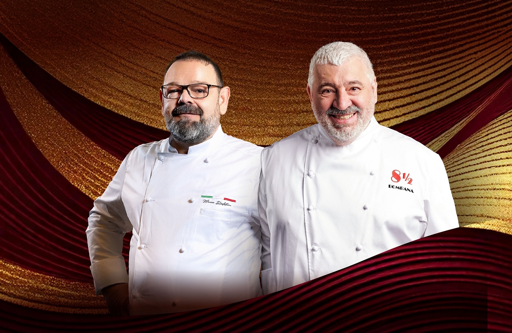 The new Executive Chef of 8½ Otto e Mezzo BOMBANA at Galaxy Macau Marino D'Antonio (left) and Michelin Three Starred Maestro Chef Umberto Bombana (right).