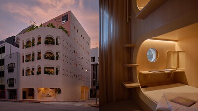 From left to right: The façade of KINN Habitat showcases its distinctive and smart architectural design with a wall of circular insets that seem decorative, but are in fact functional windows that open into an individual capsule pod or private room; cosy capsule pods adjacent to the “Cheese Wall” at KINN Habitat include a circular window that allows natural light in.