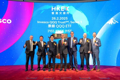 Photo Caption: Invesco QQQ ETF approved for sale, cross-lists on Hong Kong Stock Exchange  (From Left to Right: Gary Buxton, Head of EMEA and APAC ETFs & Index Strategies, Invesco; Alex Sato, President & CEO Japan & Korea, Invesco; Joseph Chan, Undersecretary for Financial Services and the Treasury, The Government of Hong Kong SAR; Andrew Lo, Chief Executive, Asia Pacific, Invesco; Martin Franc, CEO, Asia ex-Japan, Invesco; Brian Hartigan, Global Head of ETFs & Index Investments; Invesco; Ryan McCormack, Senior Factor & Core Equity Strategist, Invesco)