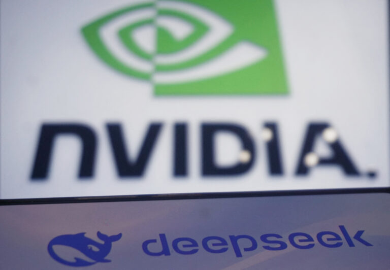 This photo illustration shows the DeepSeek and Nvidia logos on screens in Hangzhou, in China's eastern Zhejiang province, on January 27, 2025. Servers that may contain AI-powering Nvidia chips shipped from the United States to Singapore ended up in Malaysia, but their actual final destination remains a mystery, the city-state's interior minister said on March 3, 2025. (Photo by AFP) / China OUT / CHINA OUT / CHINA OUT