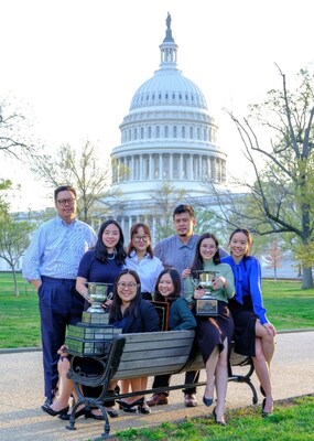 The victorious SMU team at the 2025 Jessup moot held in Washington D.C. (Front row, L-R) Raelee Toh, Erica Wee, Elizabeth Ho, Genieve Wu.  (Back row, L-R) Alexander Kamsany Lee, Fu Qiyuan, Lovein Sui, Assoc Prof Chen Siyuan (who oversees the training of SMU’s mooting teams as Director of SMU’s Ian R. Taylor International Moots Programme, assisted by Alexander Kamsany Lee.)  Absent in photo - Asst Prof Nicholas Liu, who coached the team together with Fu Qiyuan.  [Photo credit: Chen Siyuan]