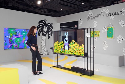 A woman admiring Steven Harrington's artwork on the transparent LG OLED T screen, seamlessly blending visuals with the surrounding space.