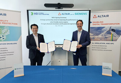 (Right) Pietro Cervellera, senior vice president of Altair, and (Left) Sungchan An, head of engine research center, HD Hyundai Heavy Industries (PRNewsFoto/Altair) (Right) Pietro Cervellera, senior vice president of Altair, and (Left) Sungchan An, head of engine research center, HD Hyundai Heavy Industries (PRNewsFoto/Altair)