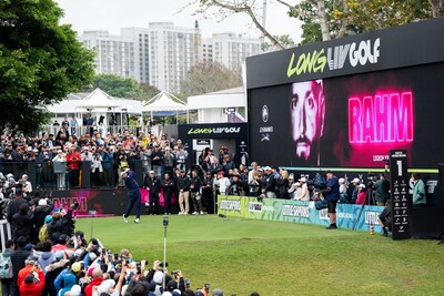 Captain Jon Rahm of Legion XIII hits his shot from the first tee during the first round of LIV Golf Hong Kong 2025