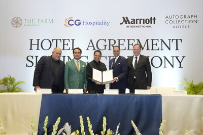 From L-R: Mr. Rajan Uttamchandani, Director, The Farm at San Benito; Mr. Rahul Chaudhary, Managing Director, CG Corp Global and CG Hospitality Global; Dr. Binod Chaudhary, Chairman of CG Corp Global; Mr. Rajeev Menon, President, Asia Pacific excluding China, Marriott International; and Mr. Peter Gassner, Regional Vice President, Hotel Development, Asia Pacific excluding China, Marriott International
