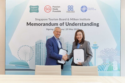 Richard Ditizio, Chief Executive Officer of the Milken Institute, and Melissa Ow, Chief Executive of the Singapore Tourism Board at the Memorandum of Understanding Signing Ceremony
