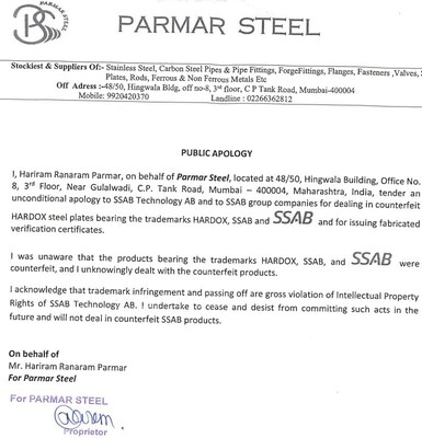 Parmar Steel Apology