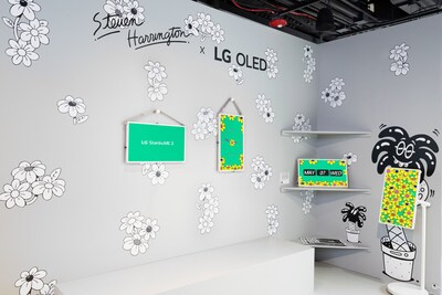 Steven Harrington's artwork showcased on LG StanbyMe 2 screens, both wall-mounted and freestanding.