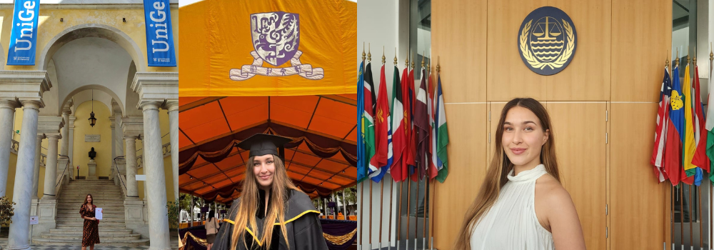 Tajra's postgraduate student life at CUHK has been remarkable: (left) participating in summer school in Genova, (centre) graduating with a Master of Laws in International Economic Law, and (right) having a summer internship at the International Tribunal for the Law of the Sea