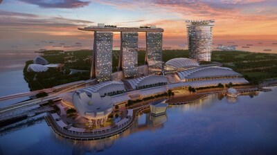 The envisioned waterfront with Las Vegas Sands’ new ultra-luxury development featuring a 55-storey hotel tower and podium with 15,000-seat arena situated adjacent to the existing Marina Bay Sands.  (Image courtesy of Safdie Architects)