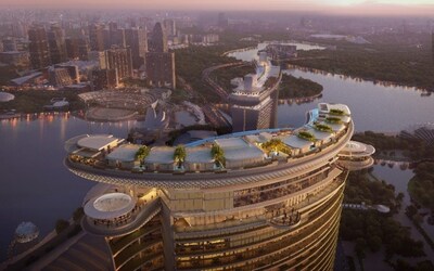 The revolutionary Skyloop from an aerial perspective that highlights the distinct design of its twin wings. (Image courtesy of Safdie Architects)