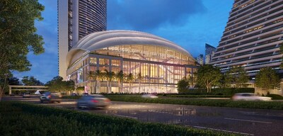The podium will house three levels of premium MICE space and an arena designed to host the highest calibre live entertainment events.  (Image courtesy of Safdie Architects)