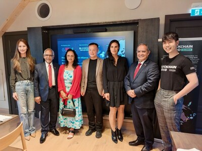 Caption (from left to right): Una Wang, Co‑Founder of SGIGF; His Excellency Dharambeer Gokhool, President of the Republic of Mauritius; First Lady Brinda Gokhool of Mauritius; Henry Wang, Co‑Founder of SGIGF; National Deputy of Argentina Pamela Calletti; Senator of Chile Kenneth Pugh; Director of Global Affairs at the Blockchain for Good Alliance, Glenn Tan.