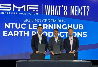 From left to right: (1) Mr Tay Ee Learn, Assistant Chief Officer, Chief Sector Skills Officer, NTUC LearningHub, (2) Mr Matthew Mak, Founder, Chief Executive Officer, Earth Productions, (3) Mr Richard Ireland, President, Singapore Association of Convention & Exhibition Organisers & Suppliers (SACEOS)
