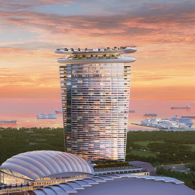 The soaring new hotel tower and arena set against the horizon.  (Image courtesy of Safdie Architects)