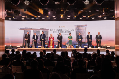 L to R: Officiating the groundbreaking was Senior Principal Architectural Designer at Populous Andrew Tulen, Founding Partner of Safdie Architects Moshe Safdie, Las Vegas Sands President and COO Patrick Dumont, Dr Miriam Adelson, Singapore's Prime Minister and Minister for Finance Lawrence Wong, Minister for Sustainability and the Environment and Minister-in-charge of Trade Relations Grace Fu, Las Vegas Sands Chairman and CEO Robert Goldstein, Las Vegas Sands Executive Vice President Asia Operations Grant Chum, and Marina Bay Sands COO Paul Town